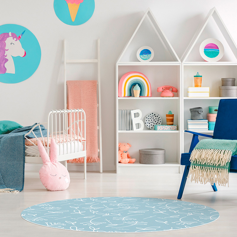 Runder Vinylteppich für Kinder Blaue Pflanzen Schlafzimmer