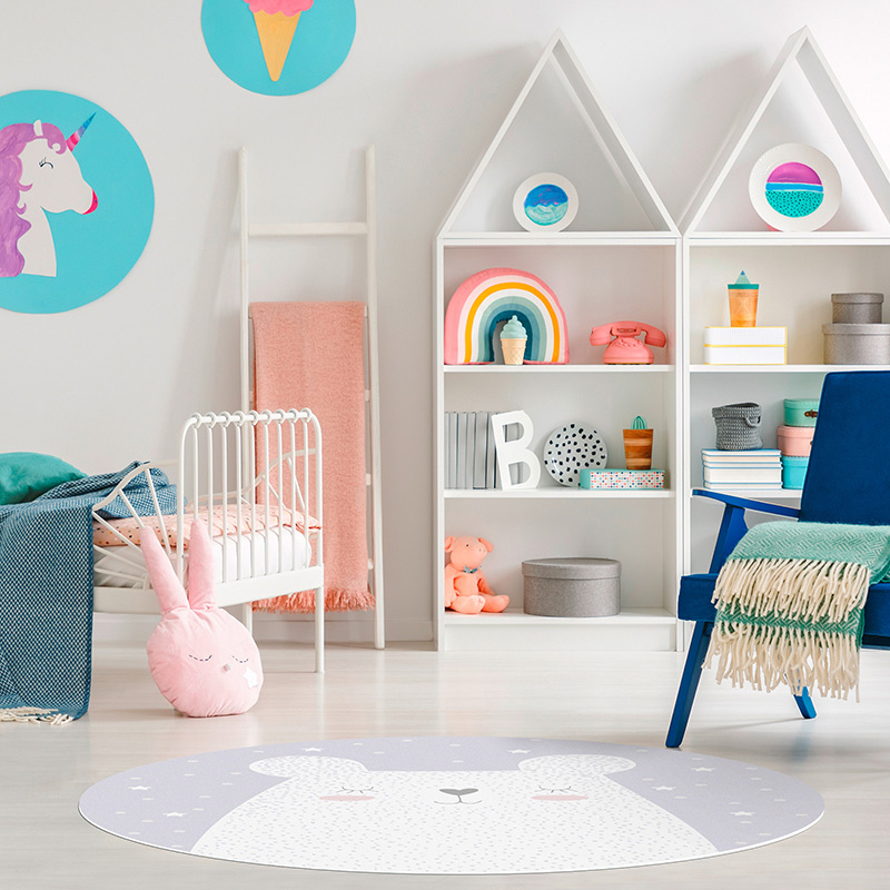Runder Vinylteppich für Kinder verträumer Bär Schlafzimmer Runder Vinylteppich für Kinder verträumer Bär Schlafzimmer